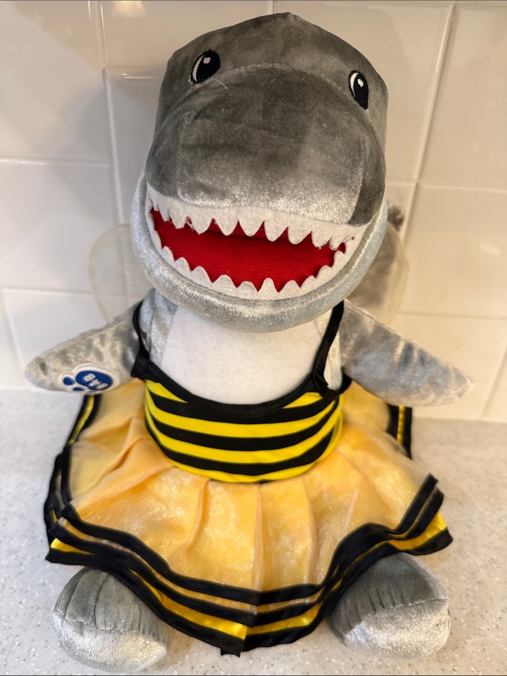 Build a bear - Gray Shark Plush in Yellow & Black Striped Bee Dress